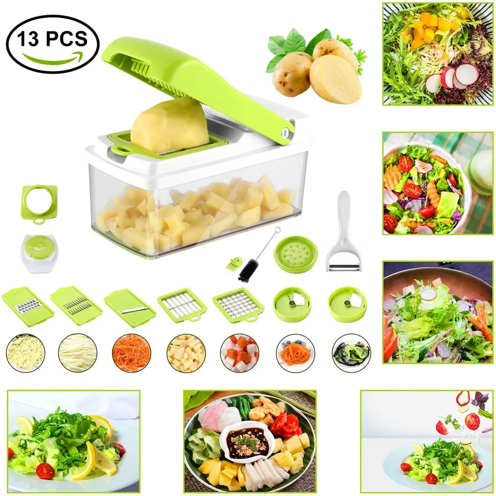 

Slicer Vegetable Veggie Chopper Dicer Cutter Grater 7 Interchangeable Stainless Steel Blades Fruits Salad Kitchen Tool
