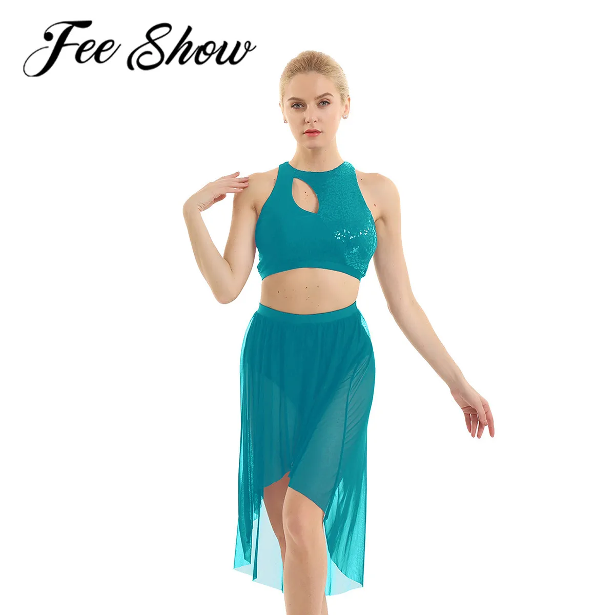 Women Adult Latin Dance Dress Modern Lyrical Ballet Belly Costume Outfit Asymmetrical Shiny Sequins Tank Crop Top &amp Mesh Skirt |