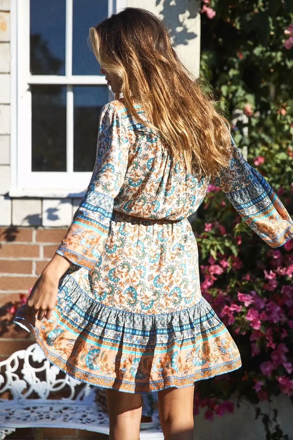 Богемный Вдохновленный цветочный playdress платье с расклешенными рукавами женское богемное вискозное повседневное летнее платье три четверти v-образным вырезом шикарное платье бохо