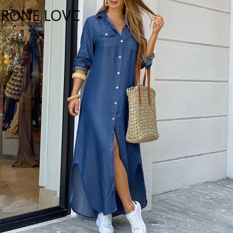 Women Solid Denim Button Front Shirt Dress Maxi Dress Elegant Fashion