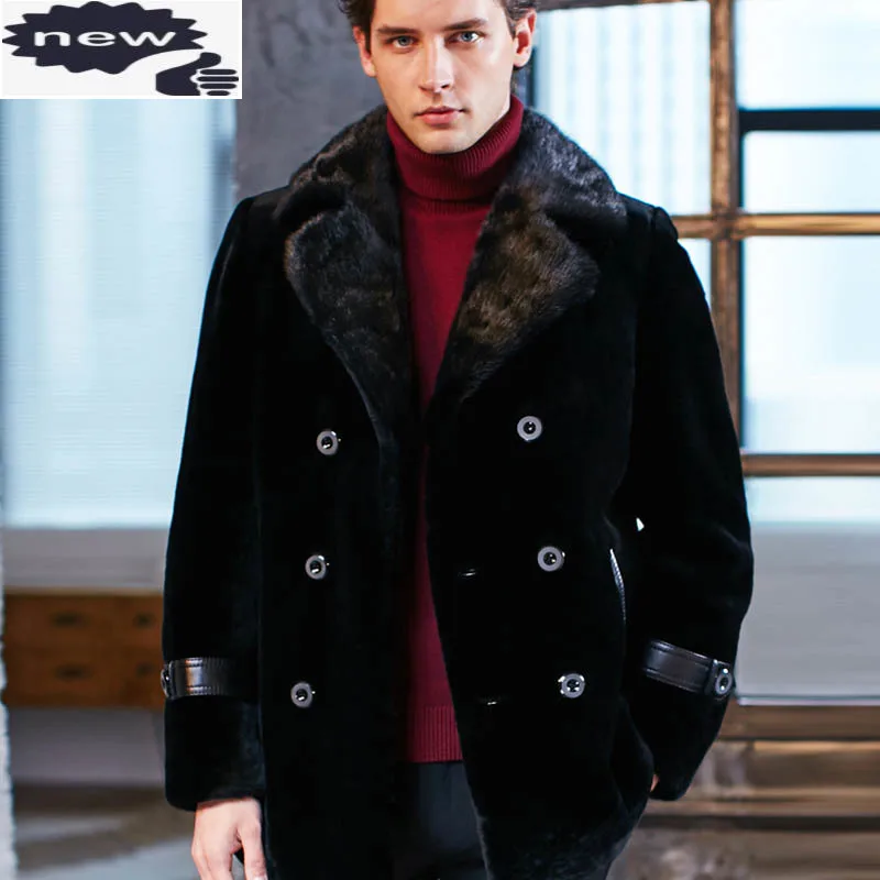 

Business Men Winter Work Luxury Raccoon Collar Slim Fit Real Fur Jacket Warm Lamb Wool Coat Chaqueta Cuero Hombre Plus Size