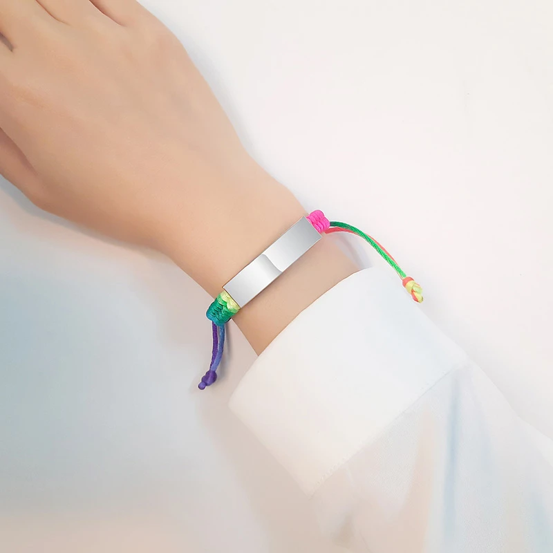 Vnox Adjustable Customize Name Emergency Contact Bracelets For Handmade Braided Rainbow Colorful Rope Girls Boy Bangle_voghion.com