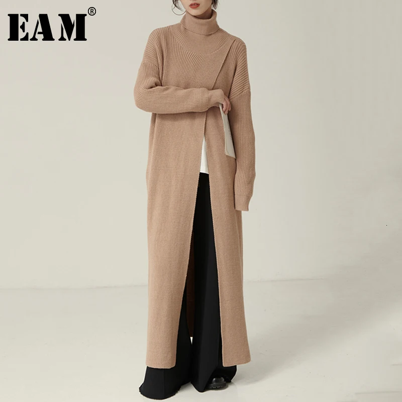 

[EAM] Hem Vent Long Temperament Knitting Sweater Loose Fit Turtleneck Long Sleeve Women Pullovers New Fashion Spring 2020 1N134