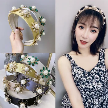 

Europe and America Baroque Palace Style Full of Crystals INS Hair Bands Large Pearl Flower Diamond Set Hairband Satin Candy-Colo