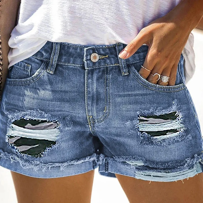 skorts Summer Vintage Faded Distressed Ripped Jean Woman Leopard Print Camouflage Curling Shorts Female Casual Hole Hot Short Denim XXL soffe shorts