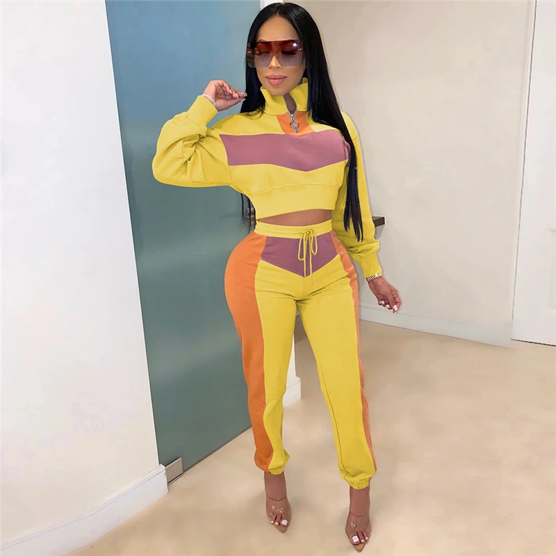 yellow suit Adogirl цветной лоскутный женский спортивный костюм комплект из двух предметов на молнии Водолазка с длинным рукавом Толстовка укороченный топ повседневные штаны Спортивная одежда - Цвет: yellow suit