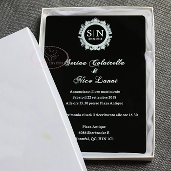 

Free Shipping! HI4087 Custom Classic Black Acrylic Invitation with White Printing with Paper Box More Colors Available