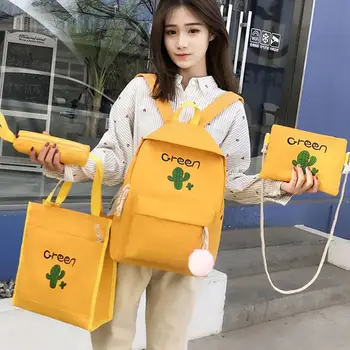 

4pcs Canvas Backpack Cute Cactus Bookbag Daypack Handbag Teen Girls Backpacks School Shoulder Bags Pencil Case Set