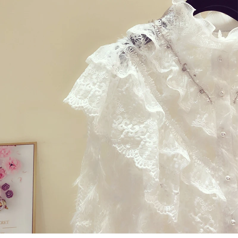 

Beaded Lace Blouse Women Flounced Shirt Women's New Fashion Blouses Ladies Top White Lace Blouses Mujer 2020