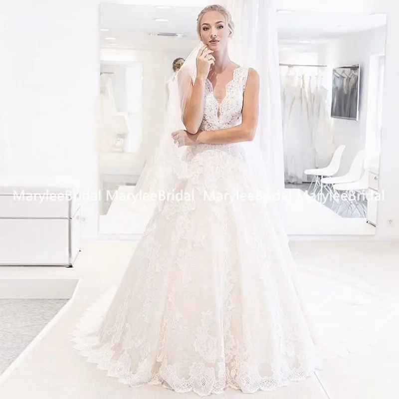 Robe De Mariee свадебное платье без рукавов с глубоким v-образным вырезом элегантные кружевные аппликации А-силуэт белые свадебные платья цвета слоновой кости Vestidos De Noiva