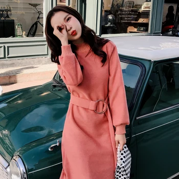 

Autumn Winter Sweater Dress Women Casual Mesh Patchwork Female Maxi Dress Elegant Sashes Knitted Vestidos femme 2019