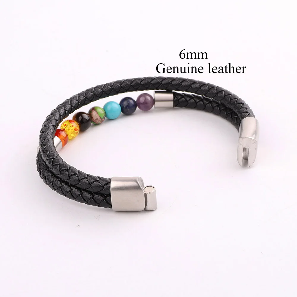 JARAVVI New Design Stainless Steel Magnet Clasp Natural 7 Chakra Energy Stone Genuine Leather Bracelet Men - Image 2