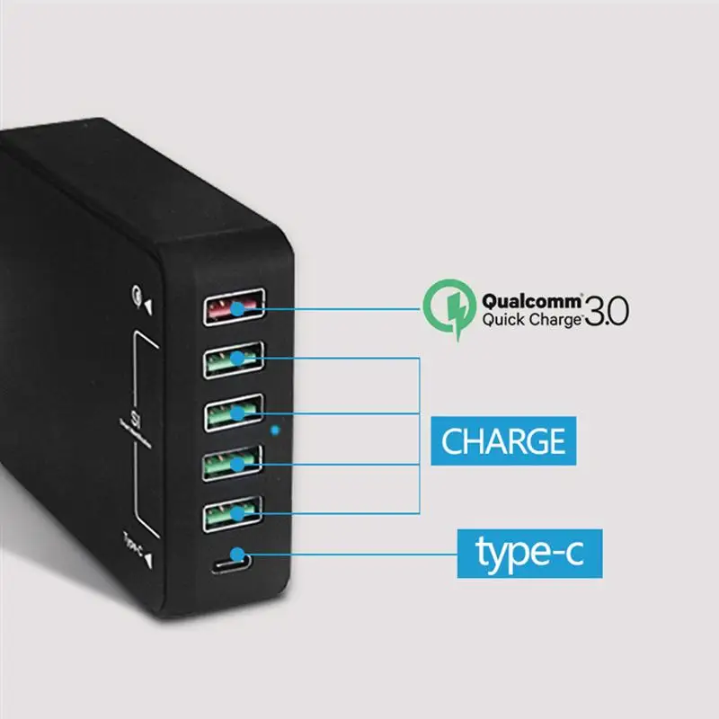 Тип usb C Зарядное устройство для зарядки нескольких(например, iPhone, IPad, Android быстрой зарядки 3,0 путешествия настенная Зарядная Станция 6-Порты и разъёмы с штепсельная вилка стандарта США