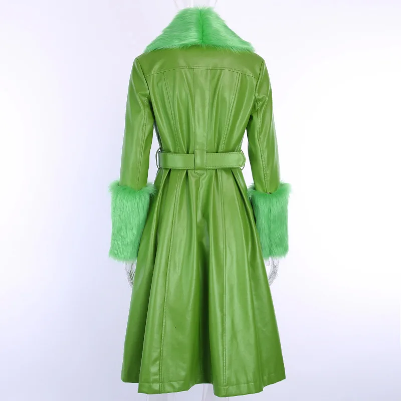 Зеленое Длинное Свободное пальто из искусственной кожи средней длины, Женское пальто с отворотом и декоративной пряжкой, Зимние Теплые Куртки из искусственной кожи, меховое пальто, модная одежда