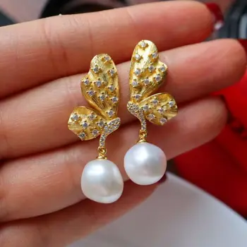 

925 Sterling Silver Vintage Italian Texture Gold Tone butterfly Earloop CZ Accent Lace natural Baroque Pearl Earrings for Women