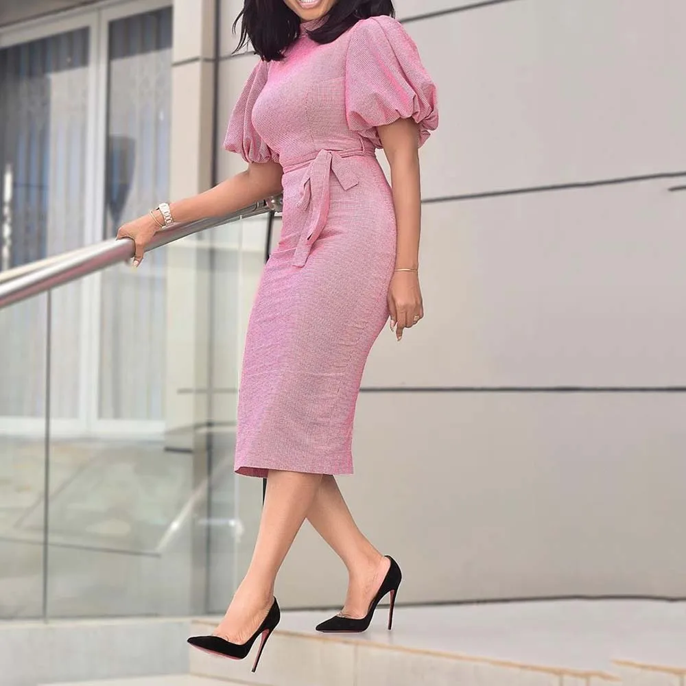 

Short Sleeve Mid-Calf Lace-Up Standard-Waist Plain African Slim fit Dress Party Elegant Pink Bodycon Female Office Ladies Dress