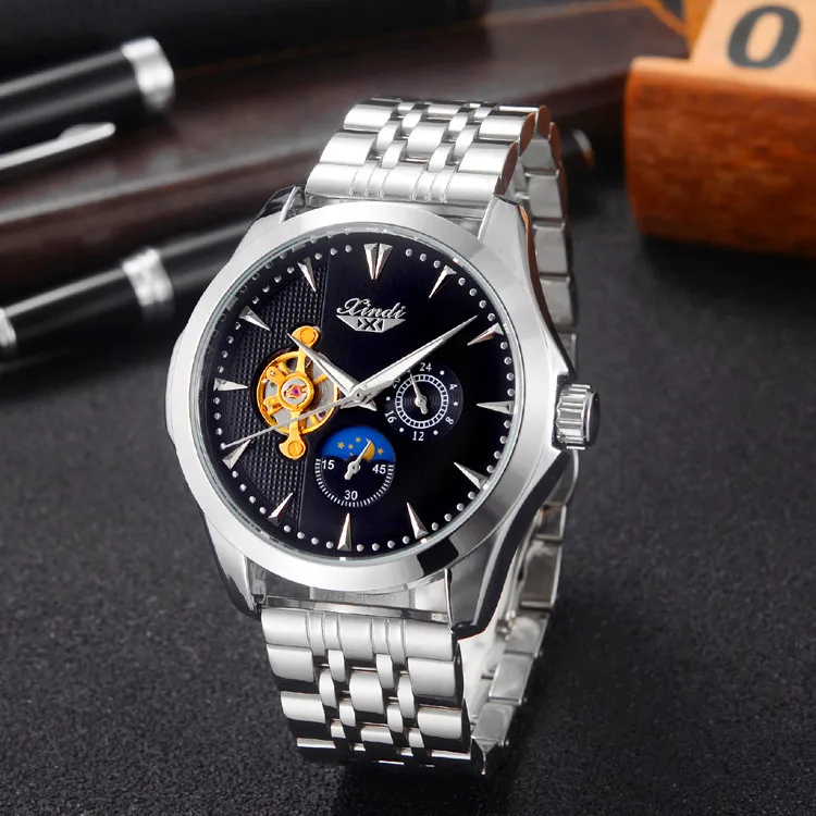 

2019 New Style Multi-functional Tourbillon Moon Phase Hollow out Watch Fully Automatic Analog Watch Men Solid Steel Belt