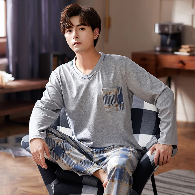Autumn Winter Pijama Hombre Men's Cotton Pajamas Plaid Sleepwear Male Pajama Sets Casual Lounge Set Home Wear Pyjamas Plus Size | Мужская