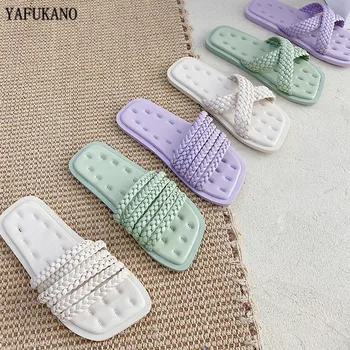 

Fashion PU Weave Women Slippers 2020 Flat With Casual Beach Slides Elegant Outdoor Ladies Sandals Soft Sole Comfort Summer Shoes