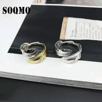 

SOQMO Feather Ring 100% Real 925 Sterling Silver Ring for Men and Women Ethnic Adjustable Opening Vintage Jewelry SQM296