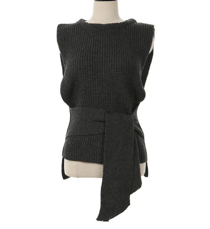 Dark Gray Dingaozlz Autumn Winter Women Vest sweater Korean fashion Pullovers Tops Bow tie Casual Sleeveless Female Knitted shirt - Цвет: Dark Gray