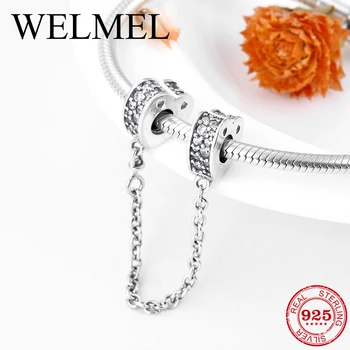 

2018 Real 925 Sterling Silver Heart Safety Chain Charms Beads With CZ Fits Original European Charm Bracelet DIY Jewelry Making