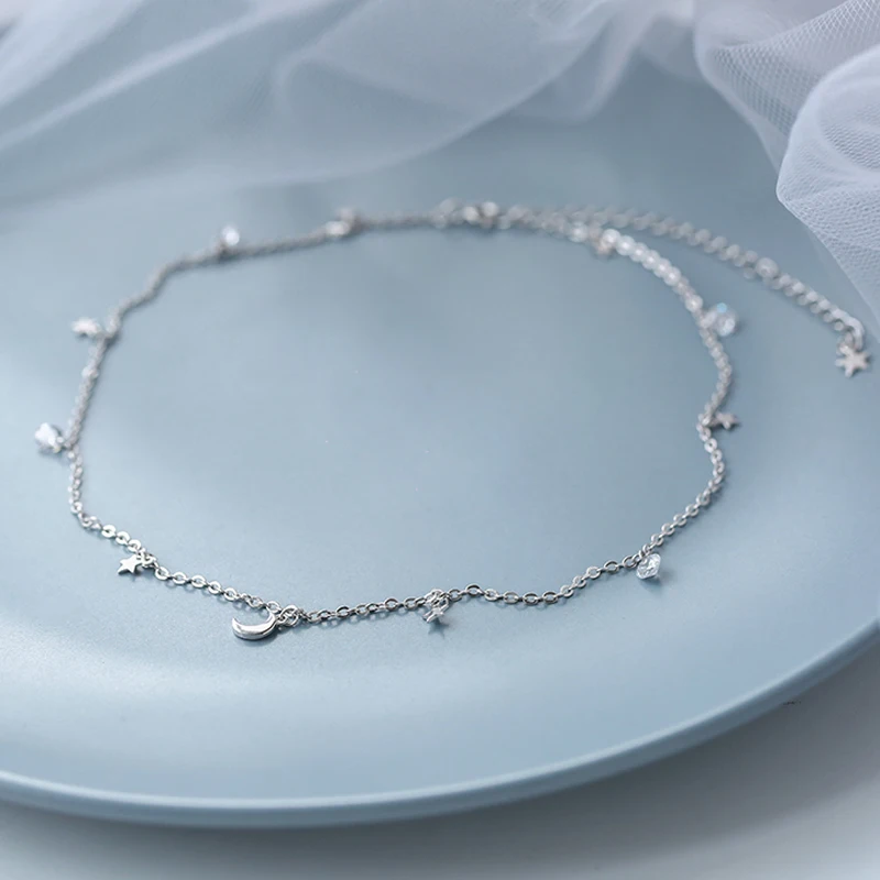 925 Sterling Silver Shiny CZ Stars & Moon Pendants Choker Necklace For Women Wedding Gift NK043 pendant necklace,silver necklace,silver pendant