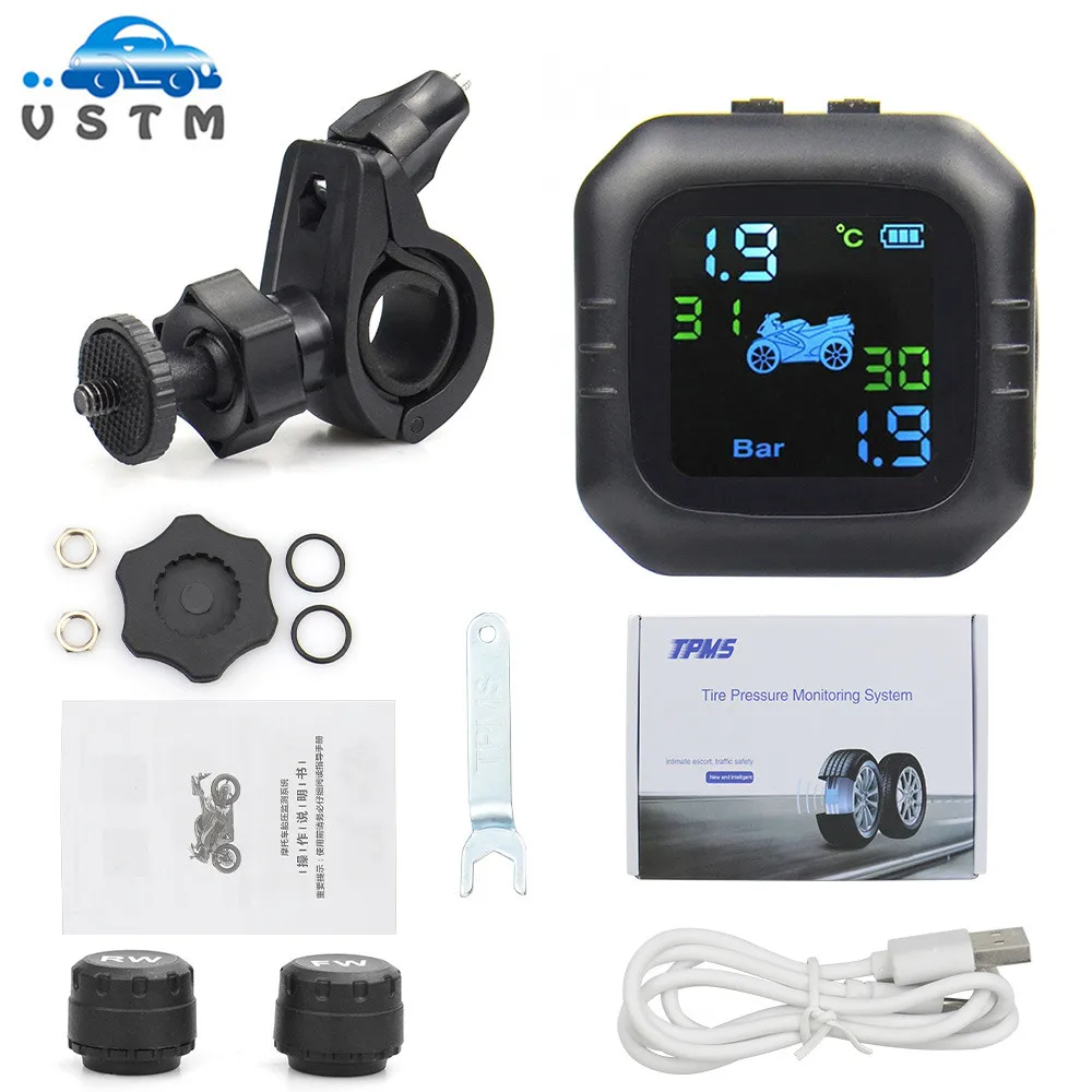 Newest Motorcycle Tire Pressure Monitoring System Wireless TPMS Real-time Tester LCD Screen with 2 External Sensors
