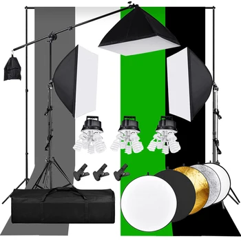 

Photography Studio 3375W Continuous Lighting Softbox Background Kit 15Pcs 45W Bulb E27 5 Socket Light Head Boom Arm 4 Backdrops