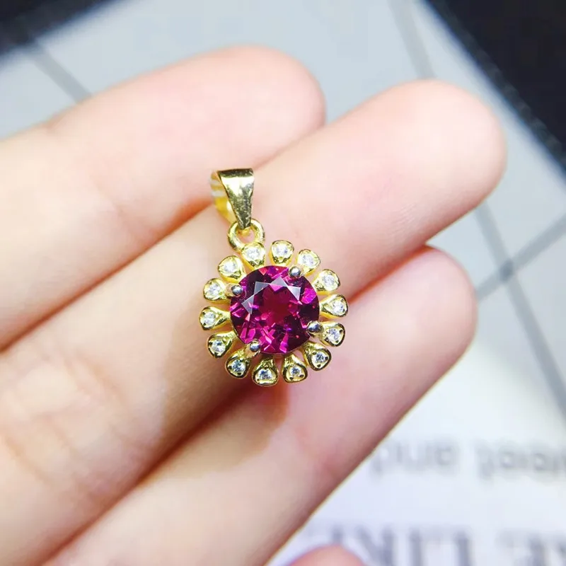 Натуральный пироп розовый Гранат Круглый Цветок Ожерелье Подвеска Серебро 925 пробы 1ct драгоценный камень Q9102423