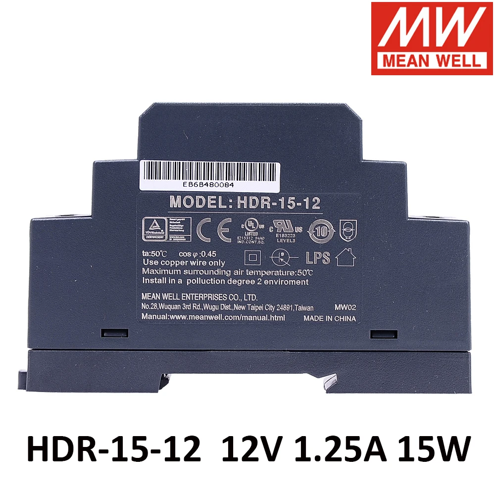 Оригинальный Mean Well HDR-15-12 85-264 В переменного тока в постоянный ток 12 а 15 Вт Meanwell