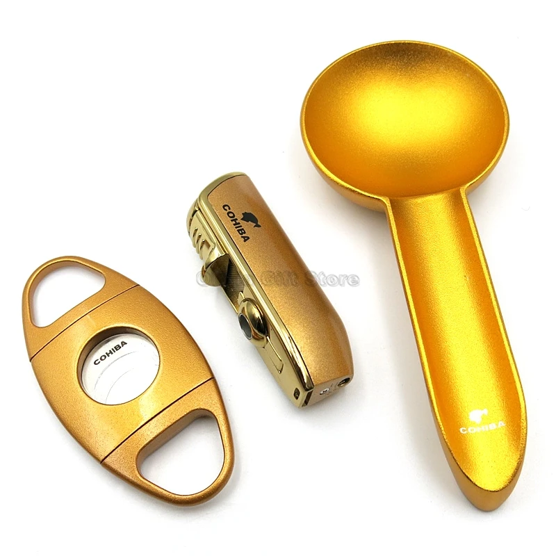 Cohiba 50th Anniversary Edition Golden Metal Cigar Cigarette Tobacco Lighter 3 Torch Flame Ashtray Cutter Gift Set Smoking Tool