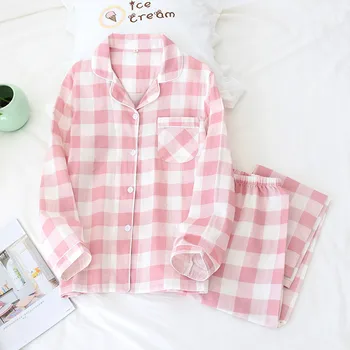 

Couple Pajamas Sets Spring Summer New Men's and Women's Casual Pajamas Cotton Plaid Long-sleeve Trousers Plus Size Homewear