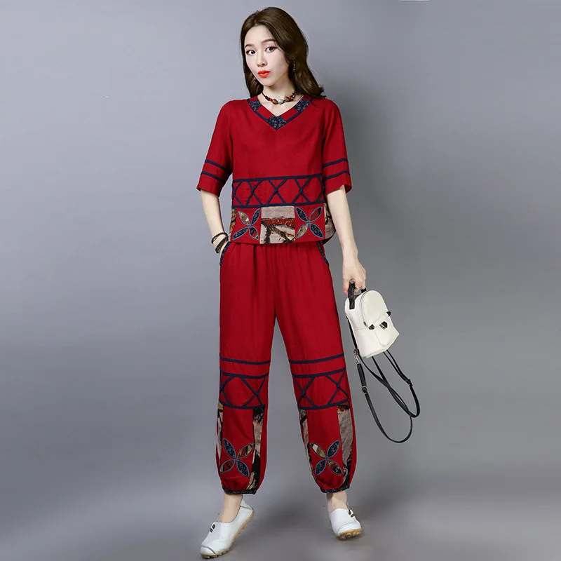 

National Wind Embroidered Patch Fashion Half-sleeve Shirt Tops + Cotton Linen Trousers Set