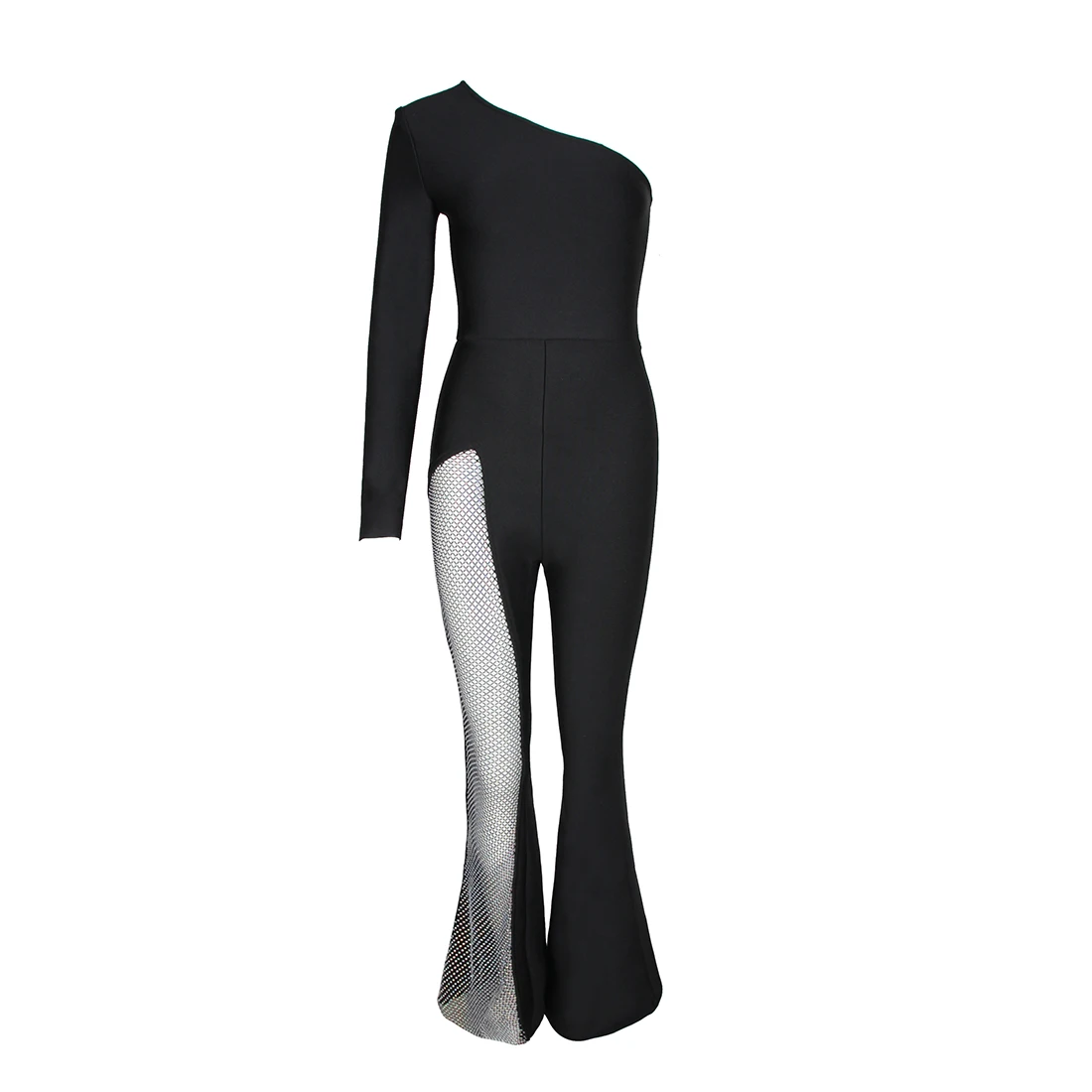 2021 High Quality Women's Bandage Jumpsuits One Shoulder Full Sleeve Hollow Out Rhinestone Crystal Diamond Black Celebrity Party