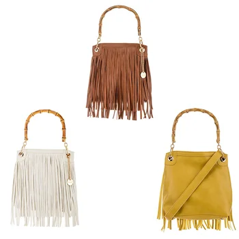 

2020 Spring，Women handbag，Single bamboo handle, zip closure, two internal compartments. Fringed detail，AMN-BO3807