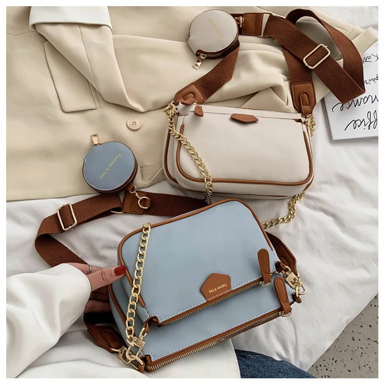fashion chains women shoulder bags designer wide strap messenger bags luxury pu leather crossbody bag lady small purse 3 bag set