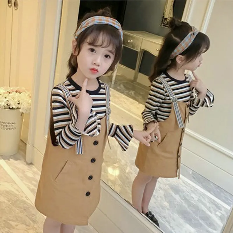 

Childrenswear GIRL'S Suit Stripes T-shirt And Suspender Skirt 20 Spring Clothing New Style 3-8-Year-Old