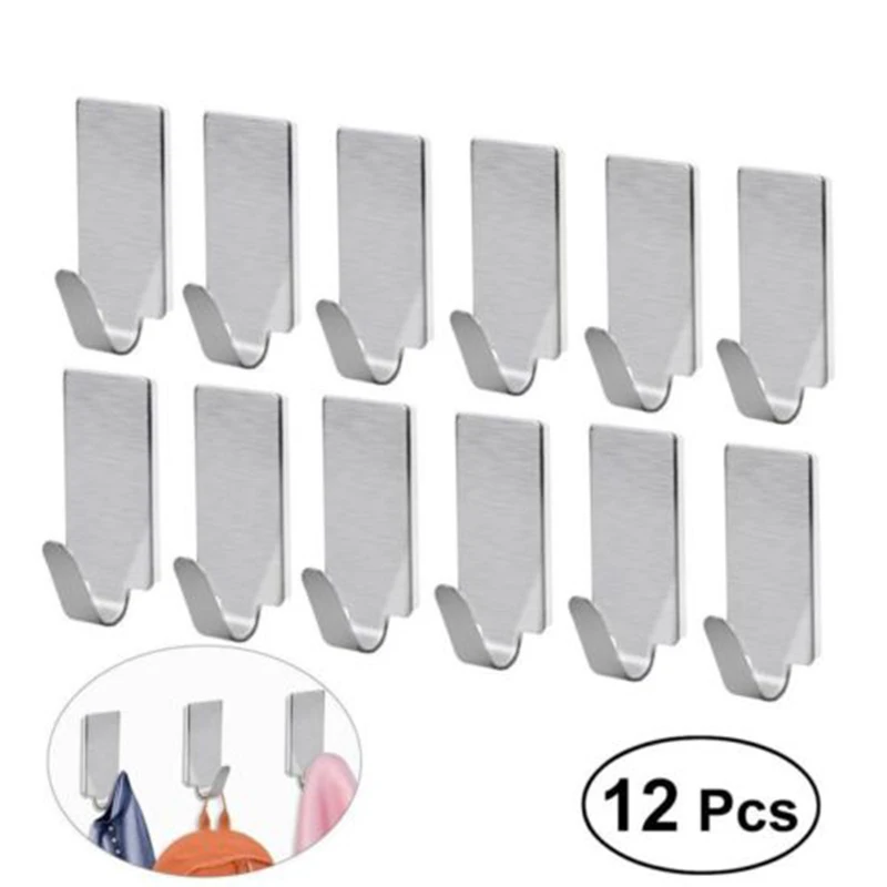 12PCS Self-Adhesive Bathroom Wall Door Stainless Steel Holder Hook Hanger Stick On Wall Hanging Door Clothes Towel Racks