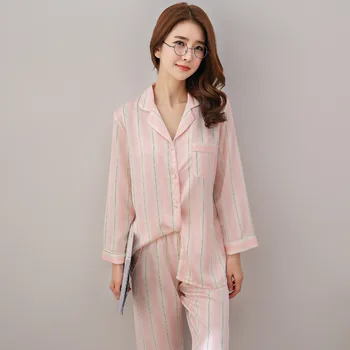 

Spring And Autumn Korean Women'S Pajamas Two-Piece Suit Long-Sleeved Silk Striped Cardigan Lapel Nightie Pigiama Donna Estate