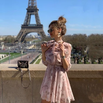 

Lossky Elegant Dress Spring Summer Women Casual Floral Print Bow Tie Dress Short Mini Party Dresses Clothes Nice Fashion 2020