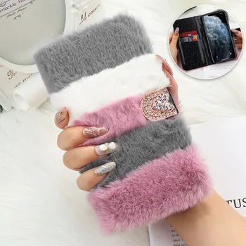 

LAPOPNUT Luxury Flip Fur Fluffy Wallet Bling Bowknot Case for IPhone 11 Pro Max Xr X Xs 6 6S Plus 7 8 5 5S SE Soft Leather Cover
