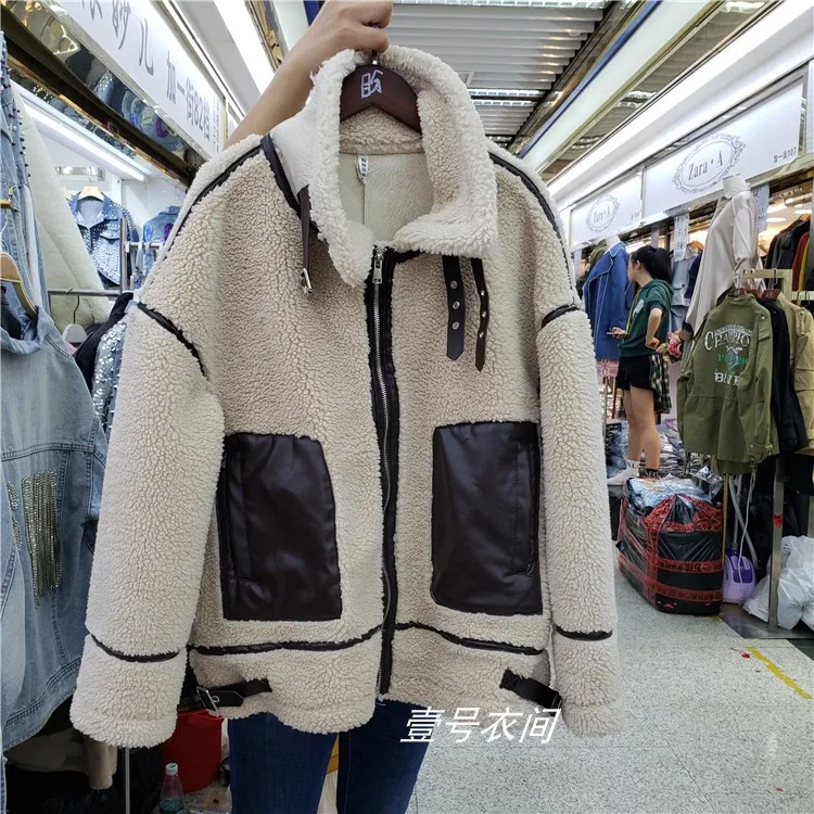 

Locomotive Leather Lamb Coat Women Winter Short Lamb Suede Jacket One-piece Plus Velvet Warm Jackets Cotton-padded