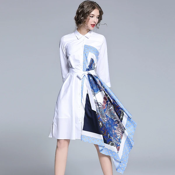 

2019 Women Autumn Runway Designer Irregular Patchwork Print Dress 3/4 Sleeve White Sashes FashionShirt Dresses Vestidos Robe