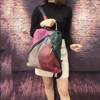 

Women Genuine Leather Backpack Cowhide Retro Patchwork Real Leather Backpack Luxury Backpacks School Mochila for School 2019 New