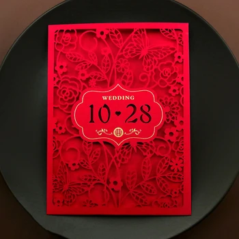 

20pcs Red China Wedding Invitation Card Designs Personalized Butterfly Flower Laser Cut Wedding Invitations Customized Printing