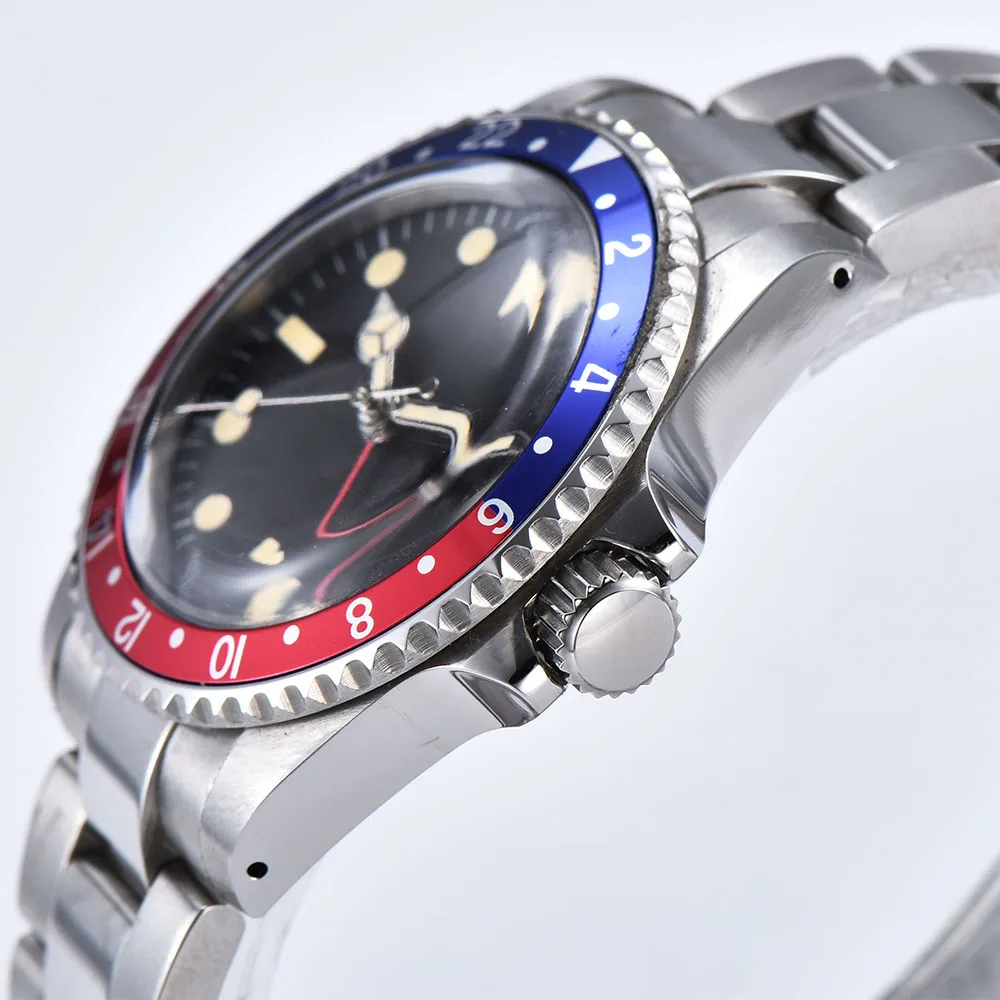 1960 Мужские автоматические механические часы GMT в стиле ретро, 39,5 мм, черный стерильный циферблат, синий и красный цвета, светящийся алюминиевый лист