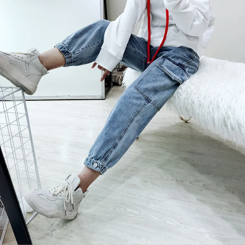 Корейская версия джинсы женские женские брюки женские боковые двойные карманы одежда для женщин свободные джинсы с высокой талией