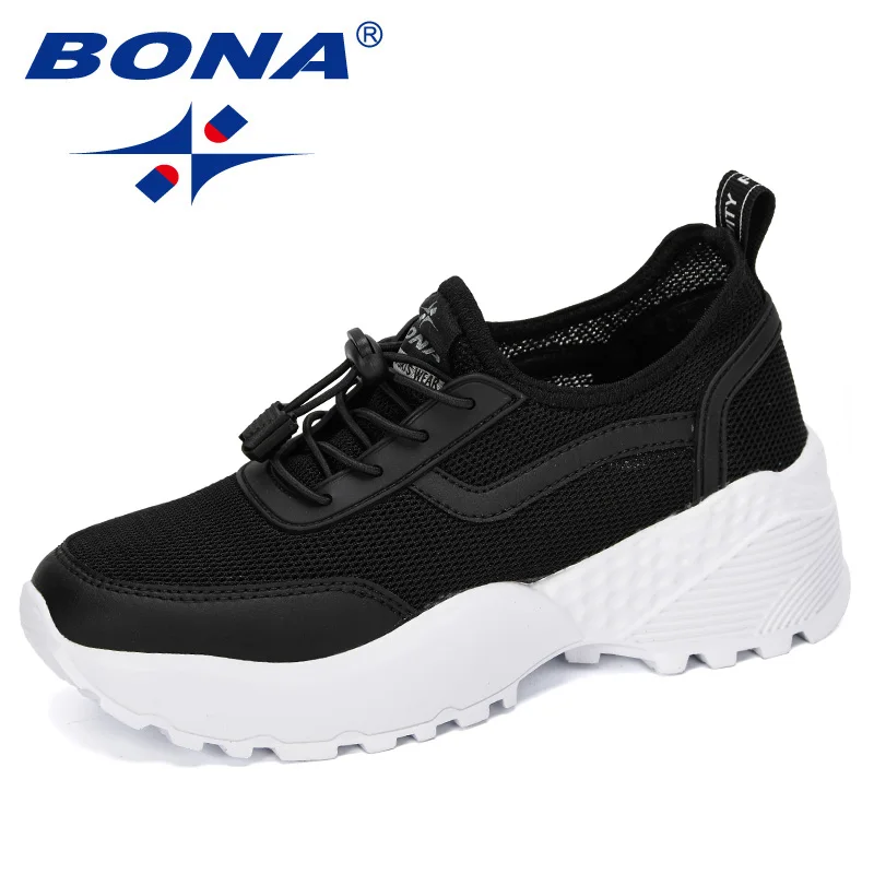 BONA/Новинка года; повседневные женские дышащие кроссовки на платформе; модная женская обувь из сетчатого материала; женская обувь из вулканизированной кожи; удобная обувь - Цвет: Black