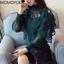 Blouse Shirt Female Tops Quarter-Sleeve Women Clothing Blusa Lace Ruffle Floral Elegant